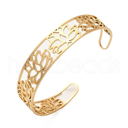 Lotus 304 Stainless Steel Open Cuff Bangle for Woman BJEW-M112-01G-1