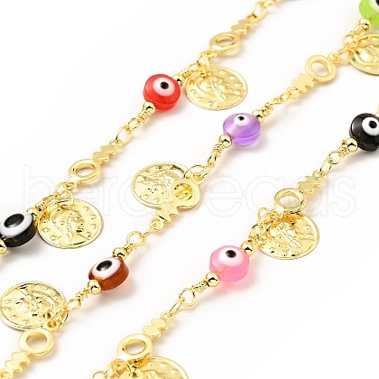 Glass Flat Round with Enamel Evil Eye Beaded Chains CHC-G017-23G-01-1