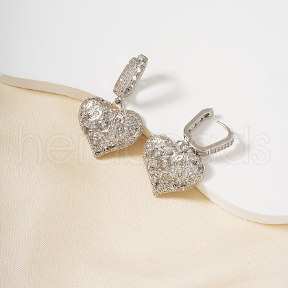 French Style Heart Brass Clear Cubic Zirconia Hoop Earrings OS1413-1-1