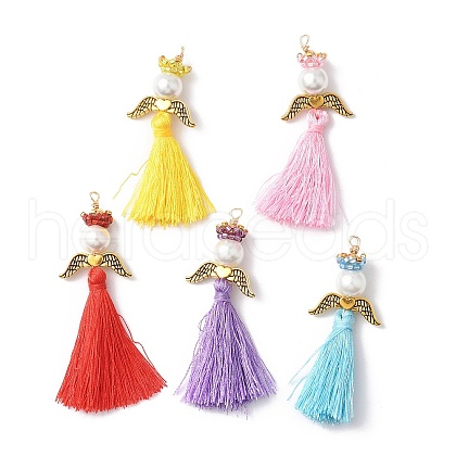 Glass Pearl Round Beaded with Polycotton Tassel Big Pendants PALLOY-MZ00611-1
