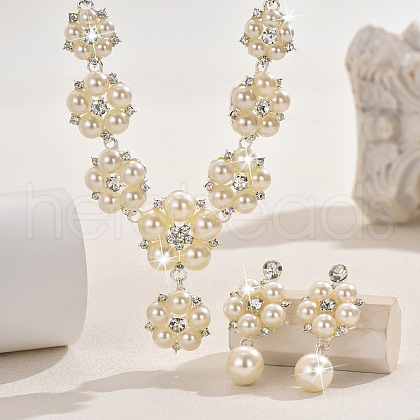 Flower Alloy Crystal Rhinestone & Plastic Pearl Link Chain Necklaces & Stud Dangle Earrings Sets FS-WGC22CC-02-1