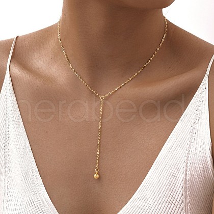 304 Stainless Steel Round Ball Y Tassel Necklaces NJEW-D322-01G-1