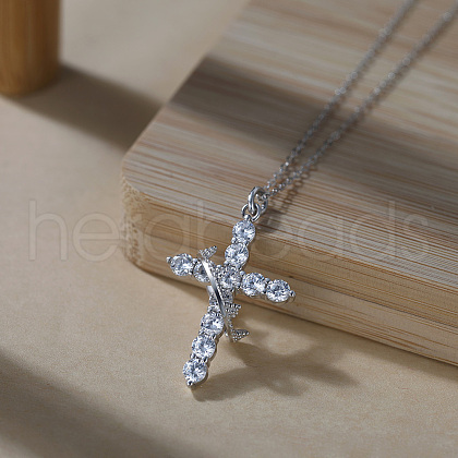 925 Sterling Silver Pave 5A Clear Cubic Zirconia Crown Cross Pendant Necklaces for Women NJEW-C087-03P-1