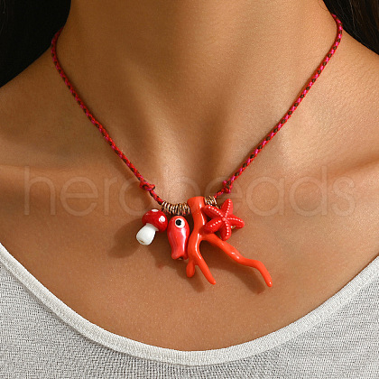 Summer Beach Porcelain Coral Fish Starfish Mushroom Pendant Cotton Cord Necklaces FS-WGEA949-01-1