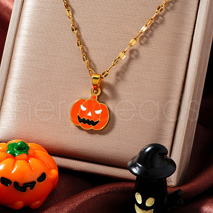 Stainless Steel Enamel Halloween Pumpkin Pendant Dapped Chain Necklaces BZ8585-1