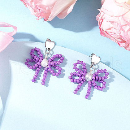 Heart with Bowknot Handmade Glass Seed Beads Dangle Stud Earrings EJEW-MZ00474-03-1