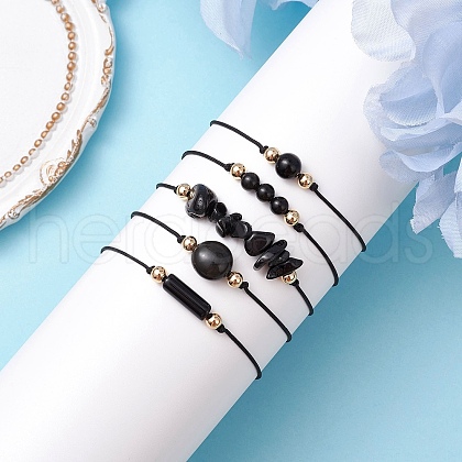 5Pcs 5 Styles Natural Obsidian Braided Bead Bracelets BJEW-JB11681-01-1