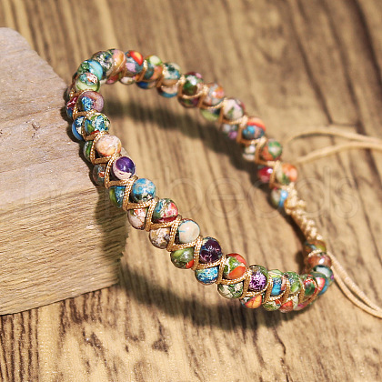 Dyed Natural Imperial Jasper Round Beaded Braided Bead Bracelets WGA4FF5-10-1