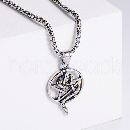 Vintage Stainless Steel Snake Wrapped Pentagram Pendant Punk Necklaces ZI6457-1-1