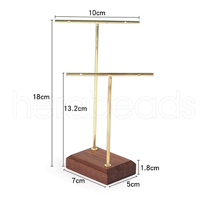 2 Golden Tone T-Bar Metal Dangle Earring Jewelry Display Rack with Wooden Base PW-WG96331-02-1