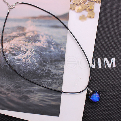 Luminous Zinc Alloy & Glass Flat Round with Constellation Pendant Black Korean Waxed Cord Necklaces WG08639-12-1