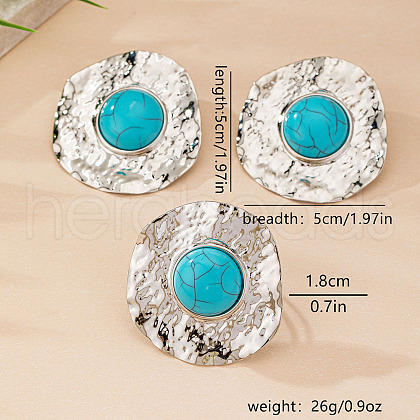 Flat Round Alloy & Synthetic Turquoise Ring & Stud Earring Sets FS-WG73FC1-01-1