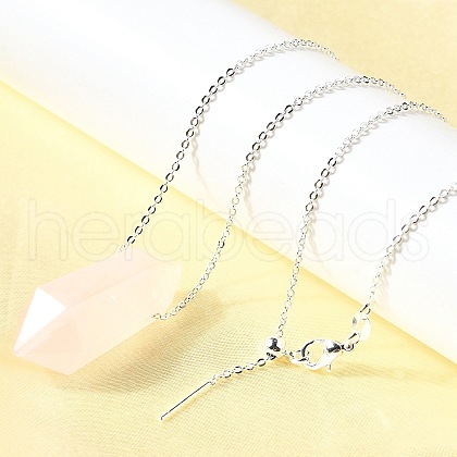 Natural Rose Quartz Double Terminal Pointed Faceted Bullet Pendant Necklaces NJEW-C080-01P-01-1