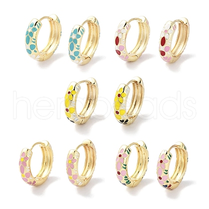 Real 18K Gold Plated Brass Enamel Flower Print Hoop Earrings for Women EJEW-L269-116G-1