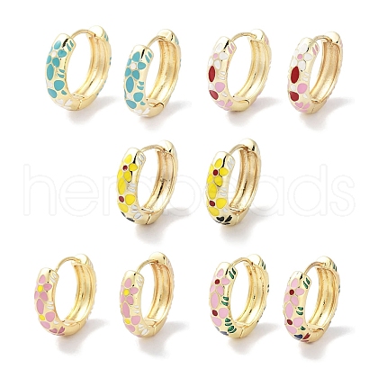 Real 18K Gold Plated Brass Enamel Flower Print Hoop Earrings for Women EJEW-L269-116G-1