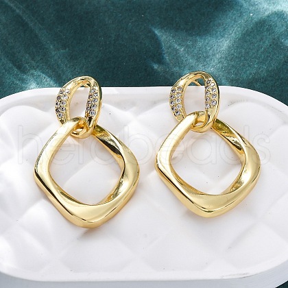 Rhombus Brass Micro Pave Clear Cubic Zirconia Dangle Stud Earrings EJEW-R025-12G-1
