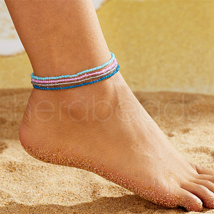 4Pcs Bohemian Style Glass Seed Rondelle Beaded Stretch Anklets for Women WG3334E-05-1