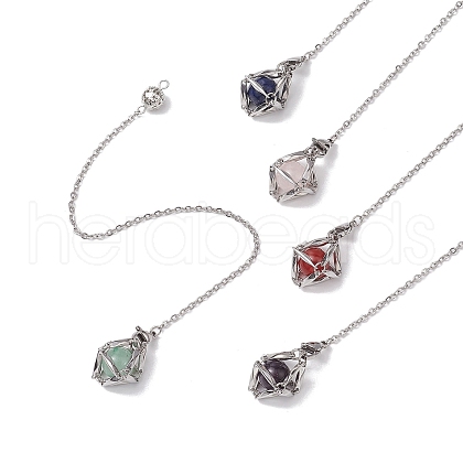 Stainless Steel Macrame Chain Pouch Round Natural Lapis Lazuli & Amethyst & Green Aventurine & Carnelian & Rose Quartz Holder Dowsing Pendulums PALLOY-JF02736-02-1
