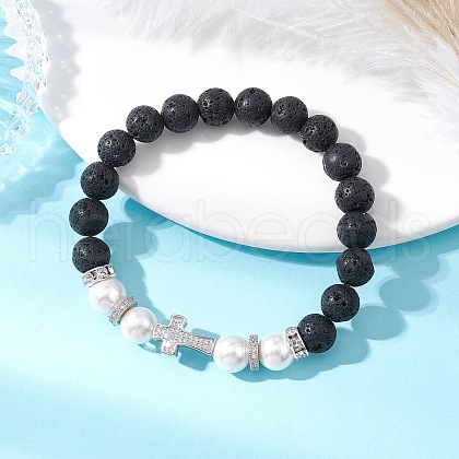Natural Lava Rock & Shell Pearl Round Beads Stretch Bracelets BJEW-JB11826-02-1
