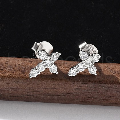 925 Sterling Silver Clear Cubic Zirconia Stud Earrings EJEW-Q032-01B-P-1