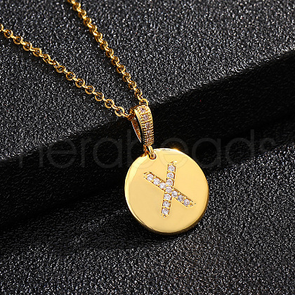 Brass Micro Pave Clear Cubic Zirconia Flat Round with Letter Pendant Necklaces FS-WG00655-24-1
