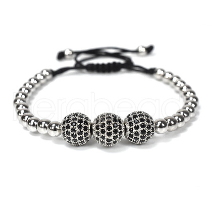 Adjustable Brass with Black Cubic Zirconia Beaded Braided Bracelets MK6347-2-1