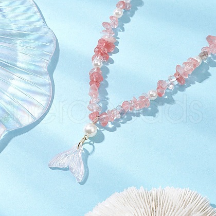 Cherry Quartz Glass Chip & Imitaton Round Pearl Beaded Adjustable Necklaces NJEW-JN05227-01-1