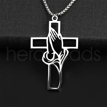 Hollow Cut Cross with Praying Hand 201 Stainless Steel Pendant Necklaces for Men FS-WG70CE0-01-1