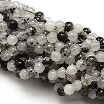 Natural Gemstone Black Rutilated Quartz Round Beads Strands G-E251-30-4mm-1