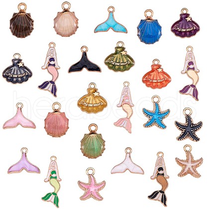 48Pcs Ocean Theme Charm Pendant Fishtail Seashell Enamel Charm Mixed Shape Pendant for Jewelry Necklace Bracelet Earring Making Crafts JX126A-1