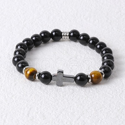 Round Natural Tiger Eye & Black Onyx & Cross Synthetic Non-magnetic Hematite Stretch Beaded Bracelet for Men LK6258-1-1