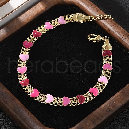 Heart Brass Enamel Link Chain Bracelets for Women BJEW-B125-04G-1