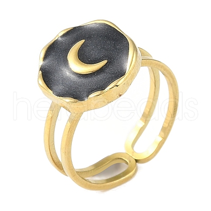 Ion Plating(IP) 304 Stainless Steel Enamel Flat Round with Moon Finger Rings RJEW-L107-065G-02-1