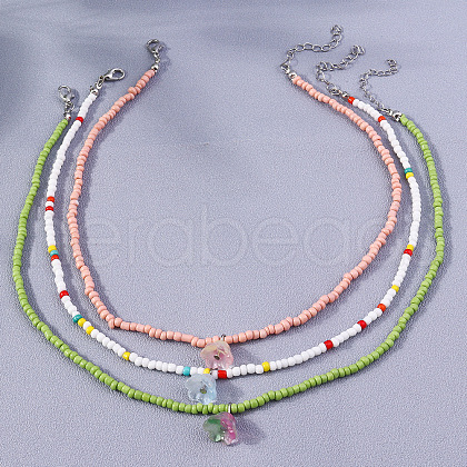3Pcs Flower Glass Seed Beaded with Plastic Pearl Beaded Necklace Sets for Women FS-WGE85A7-17-1