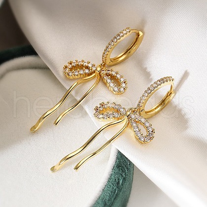 Bowknot Brass Micro Pave Clear Cubic Zirconia Hoop Earrings for Women EJEW-A110-03G-1