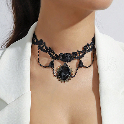Gothic Alloy Rhinestone Black Lace Oval Choker Necklaces for Women FS-WG02494-05-1