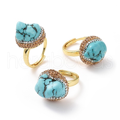 Adjustable Natural Turquoise Nugget Adjustable Ring with Rhinestone RJEW-A011-10G-1