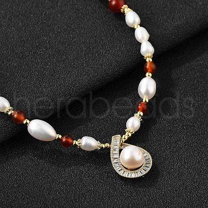 Mother's Day Jewellery Brass Glass & Pearl Teardrop Pendant Necklaces NJEW-P325-01G-1