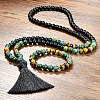 Natural Black Stone & African Turquoise(Jasper) & Tiger Eye Round Rosaries Beaded Tassel Pendant Necklaces & Bracelets Sets FS-WGB975F-03-3