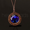 Flat Round with Twelve Constellations Blue Glass & Wood Pendant Waxed Leather Cord Necklace for Women Men WG486C3-07-1