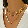 Baroque Style Stainless Steel & Brass & Imitation Pearl 3 Layered OT Buckle Necklaces for Women EE6701-4