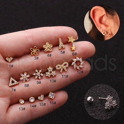 316L Surgical Stainless Steel Micro Pave Clear Cubic Zirconia Snowflake Cartilage Earrings WGCF17E-16-1