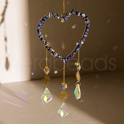 Heart Natural Lapis Lazuli Chips Hanging Ornaments HJEW-G024-01H-1