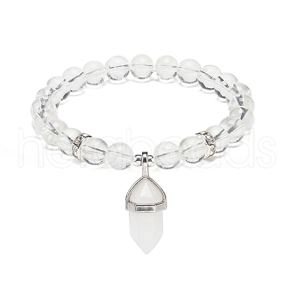 Natural Quartz Crystal Round Beaded Stretch Bracelet with Bullet Charms BJEW-JB09018-03-1