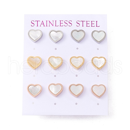 6 Pairs Natural White Shell Heart Stud Earrings EJEW-G291-02M-1