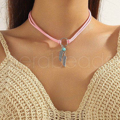 Bohemian Style Alloy Feather Charm & Synthetic Turquoise Pendant Choker Necklaces FS-WGABF31-03-1
