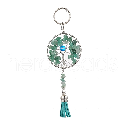 Tree of Life Alloy Natural Green Aventurine & Synthetic Moonstone Keychain KEYC-JKC00987-02-1