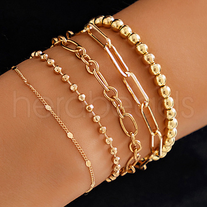 5Pcs 5 Styles Brass & CCB Beaded Stretch Bracelet & Chain Bracelet Set WGE7C54-11-1