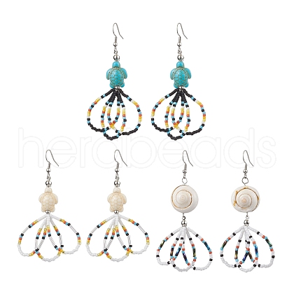 3 Pairs Flower Glass Seed Beaded Dangle Earrings for Women EJEW-MZ00203-1