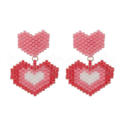 Glass Seed Braided Double Heart Dangle Stud Earrings EJEW-MZ00017-1